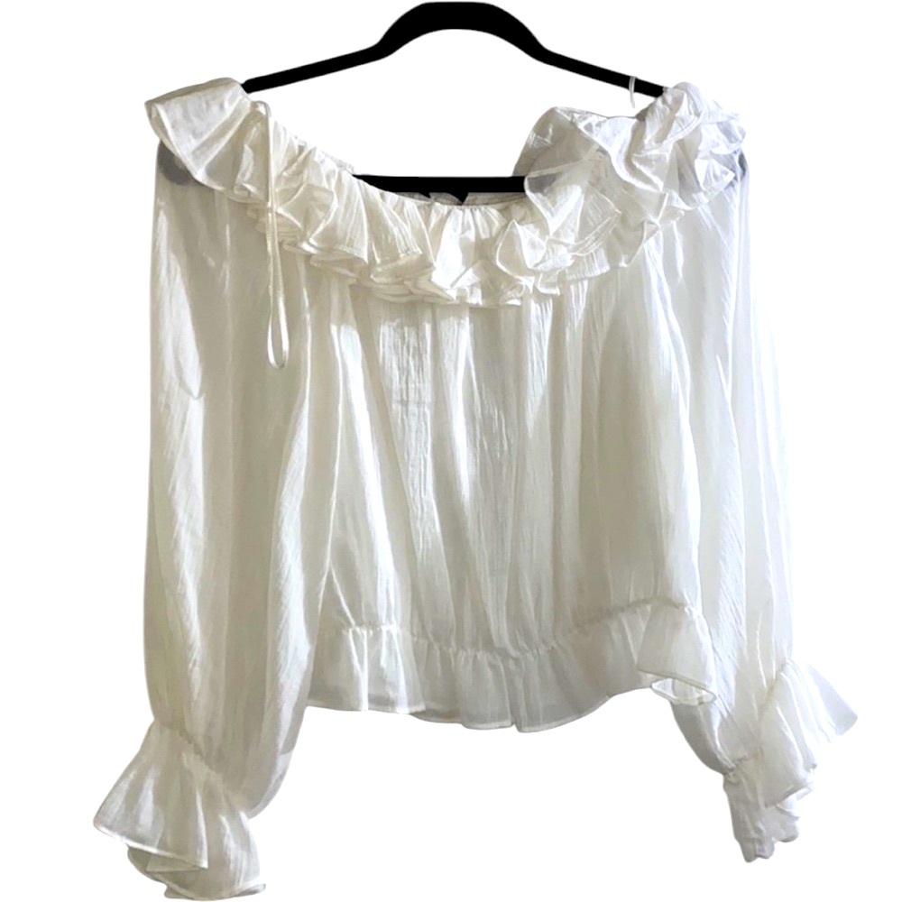 Zara White Ruffle Blouse XL | Long Sleeve Cotton Romantic Top NWT - Picture 5 of 15